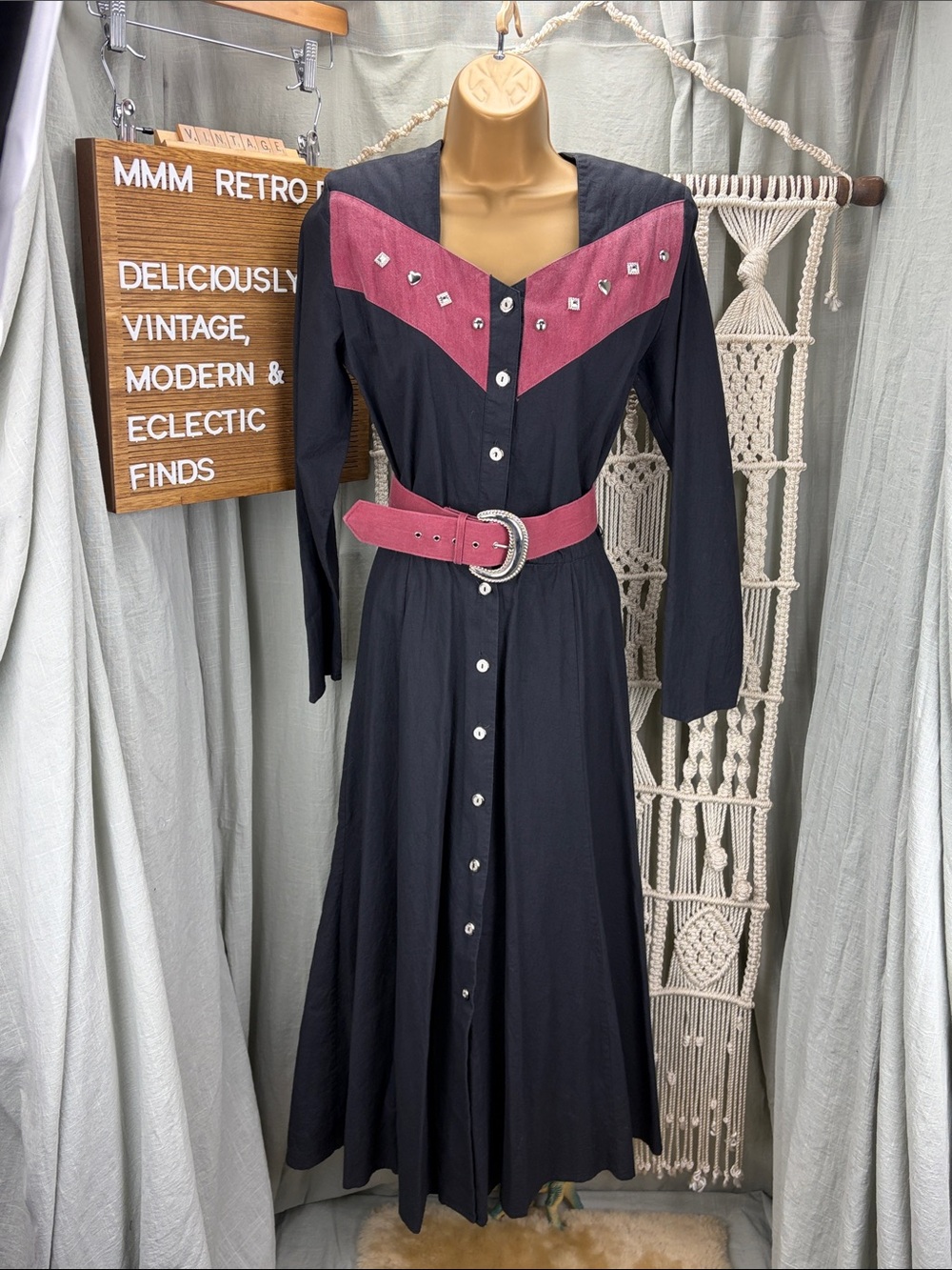 Vintage Western Attitude by Lilia Smitty Black Dress Rose Pink Yoke & Belt | 7/8